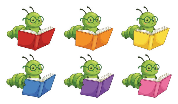 Cute green caterpillar reading books in various colors, educational character for children, learning and school theme set