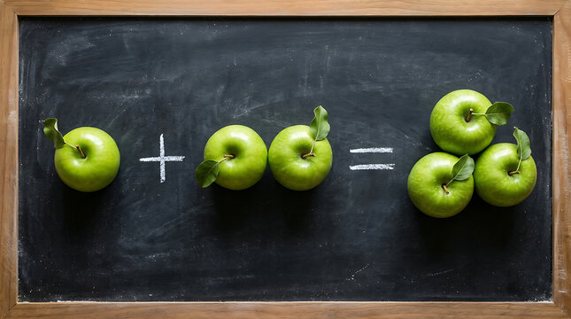 Simple Mathematics Addition Lesson Using Fresh Green Apples on a Black Chalkboard Background