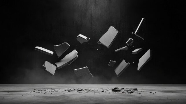 A dramatic black and white image of a shattered wall, with debris scattered across the floor.