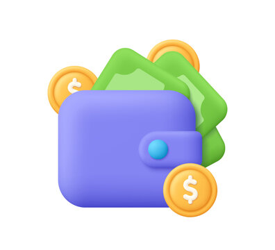 Purple wallet with green banknotes and gold coins with dollar sign. Finance, investment , budget, savings and digital payment concept. 3d vector icon. Cartoon minimal style.