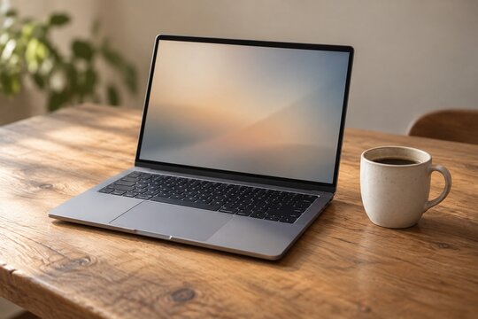 Open Laptop with Coffee Cup on Wooden Desk in Morning Light