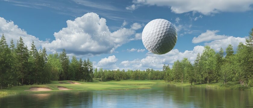 A golf ball soaring over a serene landscape.