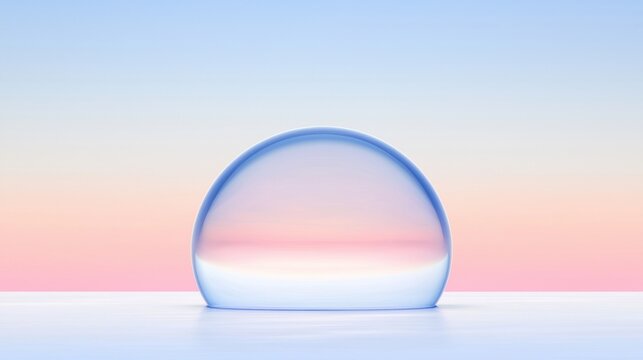 A blue glass sphere with a pink gradient sits on a white surface.