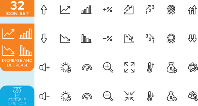 Increase and Decrease line editable Vector illustration icon set. Increase, decrease, graph, charts, market trends, profit, loss, and more. on transparent background.
