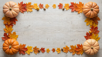 Obraz premium Autumn pumpkins and colorful fall leaves decorative border frame