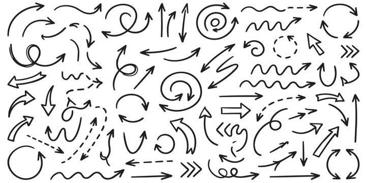 Collection of Hand Drawn Arrows, Simple Arrow Marks Isolated on White Background