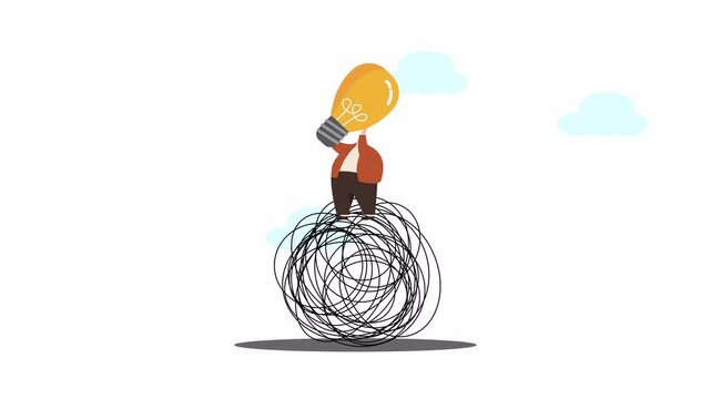 Man on tangled ball with thumbs up icon and book, social media feedback concept