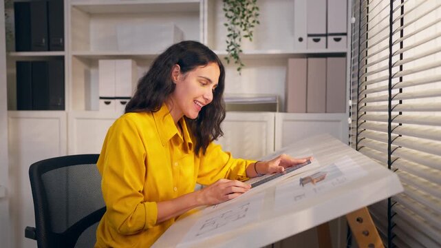 Young Hispanic woman architect sitting at desk, working in an office.