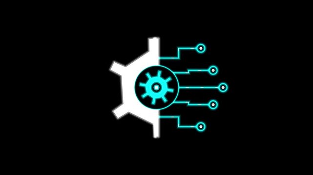 Digital gear icon integrated with blue glowing circuit board paths