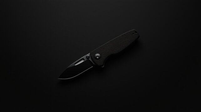 A black folding knife with a textured handle and sharp blade.