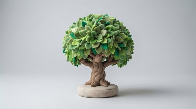 Stylized miniature clay tree model with green foliage on a neutral background