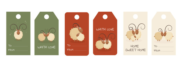 Obraz premium Cute sheep gift tag set with rams family love quotes and copy space isolated on white background vector illustration