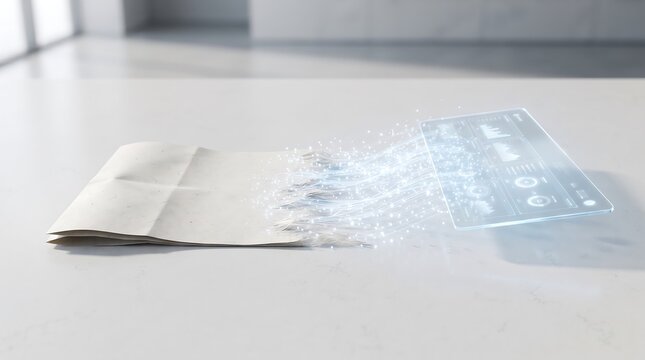 Transitioning from paper to digital e-statements with glowing data streams on a modern desk table top.