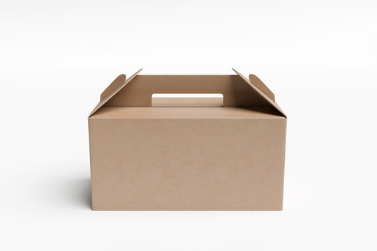 Kraft paper gable box mockup with handle, blank brown cardboard packaging container isolated on white background, eco friendly food gift takeaway carton presentation, 3d render