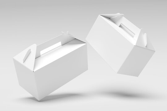 Floating white paper gable boxes mockup with handle, set of two blank cardboard packaging containers floating in dynamic perspective view isolated on white background, takeaway carton, 3d render