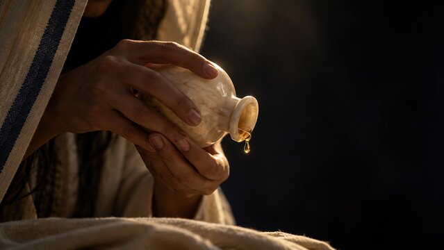 Hands in draped robe tilt an alabaster jar and pour a drop of golden oil into the dark. The persons fingers grip the small vessel beside a woven fabric with striped border.