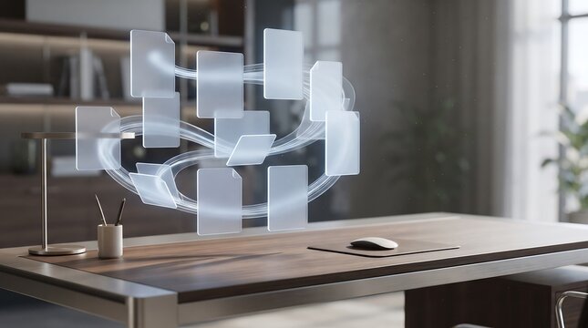A modern office desk with futuristic digital e-statements floating in the air in a corporate workspace