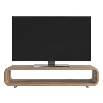 Modern black flat-screen television on a sleek wooden media console stand isolated on a transparent background