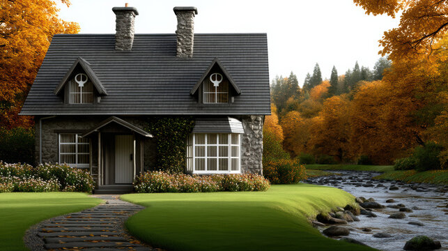 Cozy stone house autumn trees river green lawn flowers peaceful countryside scenic