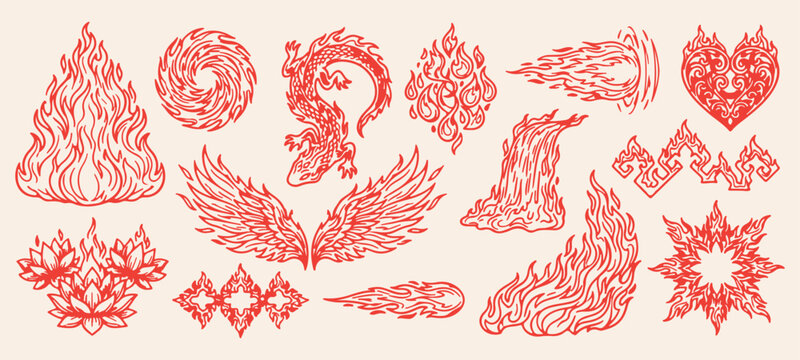 Fiery phoenix wings and flaming plumage doodle, mythical firebird feather wings line art, radiant celestial fire flourish drawing, glowing angel wings feathers graphic, burning mystical bird flight il
