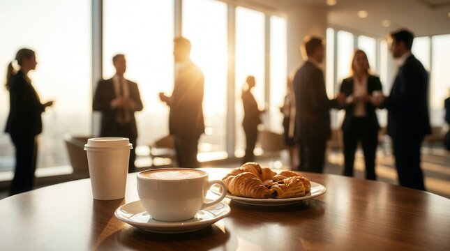 Business leaders networking at a morning breakfast event.