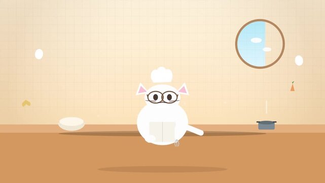Cartoon mouse wearing glasses sits inside a minimalist room illustration with soft beige tones and simple household furniture.