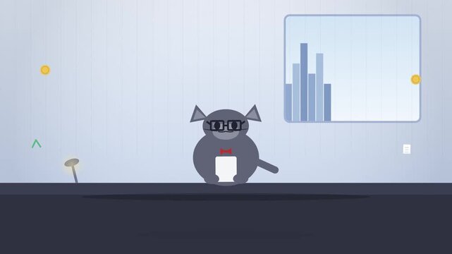 Cat wearing glasses sits behind a desk analyzing business charts in a flat vector graphic design illustration.