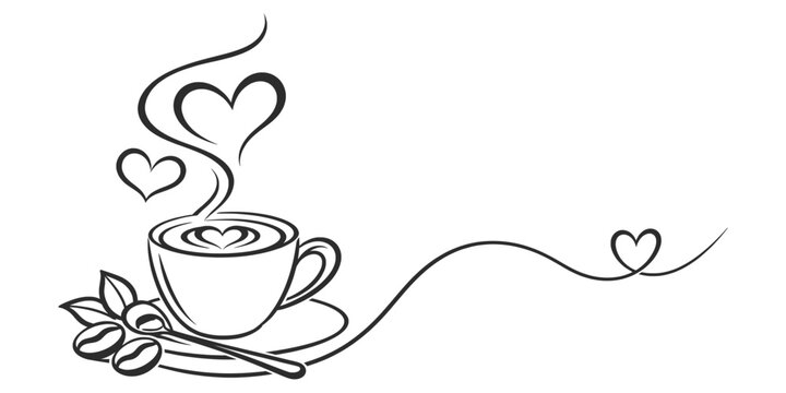 Coffee Cup with Heart Steam and Beans Line Art Vector Illustration Romantic Cafe Design.