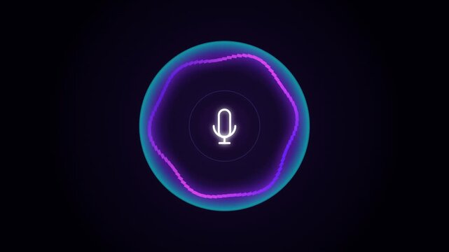 Voice Assistant Audio Ring Animation, White Microphone Icon with Purple Teal Glowing Pulsing Sound Wave Circle, AI Voice Recognition Technology Loop