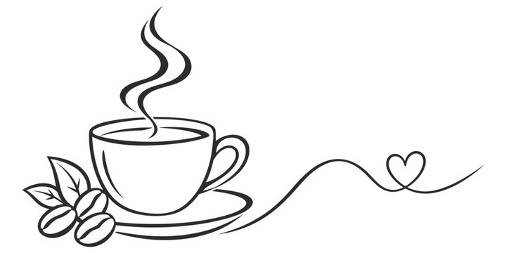 Coffee Cup with Heart Steam and Beans Line Art Vector Illustration Romantic Cafe Design.