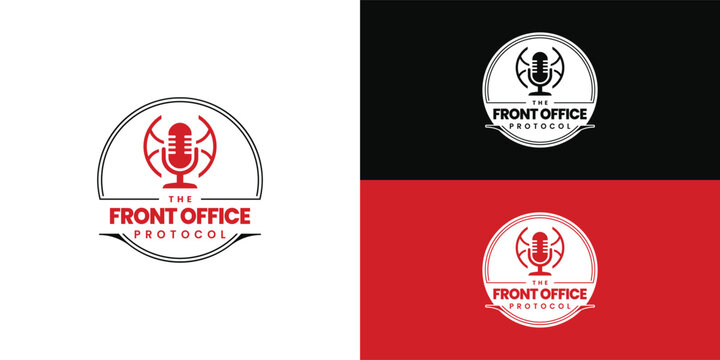 A logo for the sports business podcast The Front Office Protocol, featuring a red microphone and basketball lines within a black circular frame on a white background.