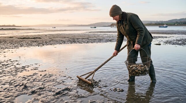 Fisherman using a long rake to collect fresh clams into a wire basket on a muddy tidal flat at low tide, highlighting traditional clamming, coastal harvesting, and artisanal fishing.