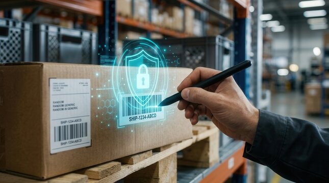 Warehouse package scanning with digital pen and cybersecurity shield icon for secure inventory management.