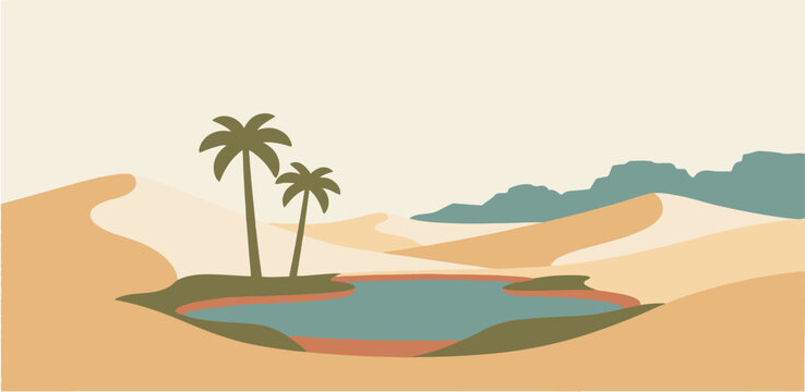 Minimalist desert oasis landscape vector illustration with palm trees and sand dunes background design