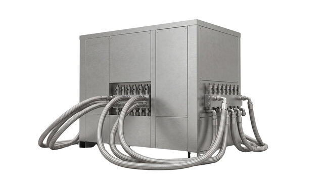 Industrial cooling unit chiller system with manifold and braided metal hoses for server datacenter