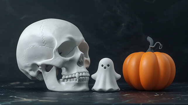 Spooky yet cute Halloween still life featuring a skull ghost figure and orange pumpkin on dark background