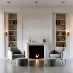 Fototapeta premium Modern living room with fireplace, armchairs, ottomans, built in shelves, neutral color, cozy, elegant style