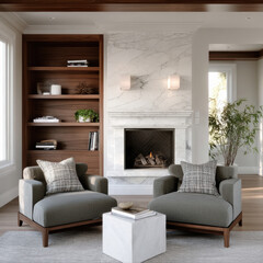 Fototapeta premium Modern living room with marble fireplace, armchair, wood shelving, large window, cozy, elegant, plant