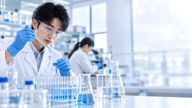 Male scientist conducting laboratory research with pipette