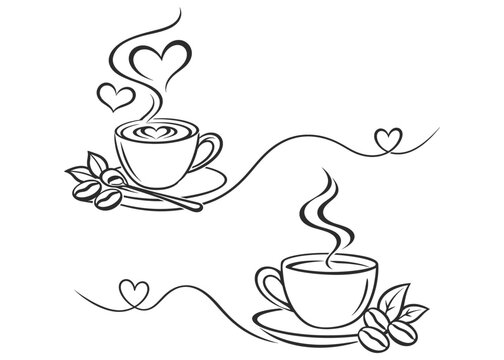 Coffee Cup Couple with Heart Steam Line Art Vector Illustration Romantic Cafe Design.