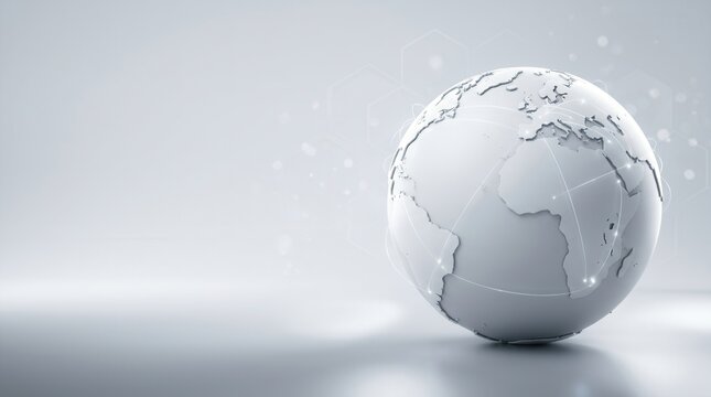 Clean grey corporate technology background featuring a white earth and hexagons.