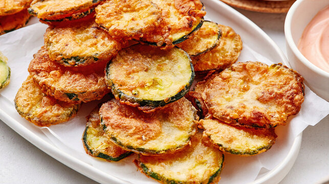 Fried zucchini slices with crispy golden batter served with creamy dipping sauce