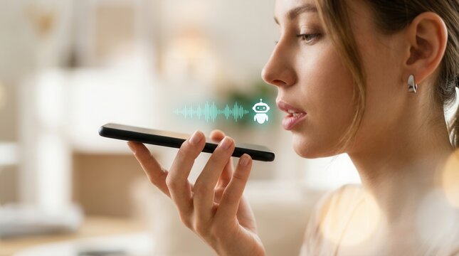 Pretty woman using voice messaging on a smartphone with digital assistant concept.