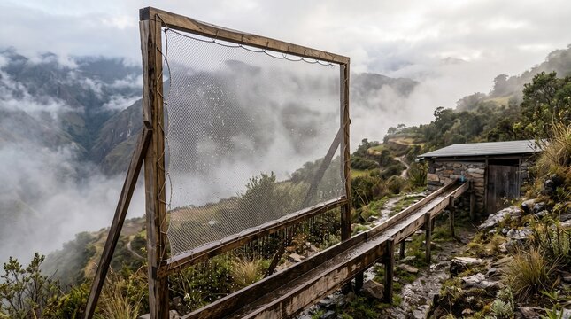Large fog catcher mesh net collecting atmospheric water droplets into a wooden channel high in misty mountain region, highlighting sustainable water harvesting and eco technology.