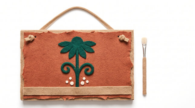 DIY wooden sign with green felt design and crafting tool  