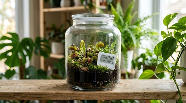 A venus flytrap plant growing inside a glass jar terrarium with a digital hygrometer on a wooden shelf