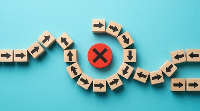 Wooden blocks with arrows avoiding a red cross mark to find an optimized solution.