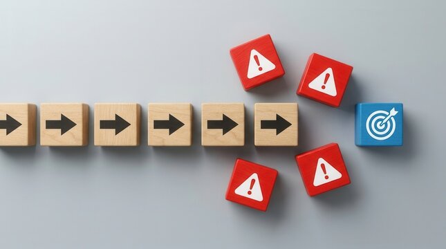 An arrow moving toward a target while facing business challenges and warning signs.
