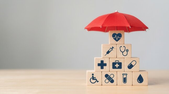 Wooden blocks with medical icons arranged in a pyramid under a red protective umbrella for health insurance concept.