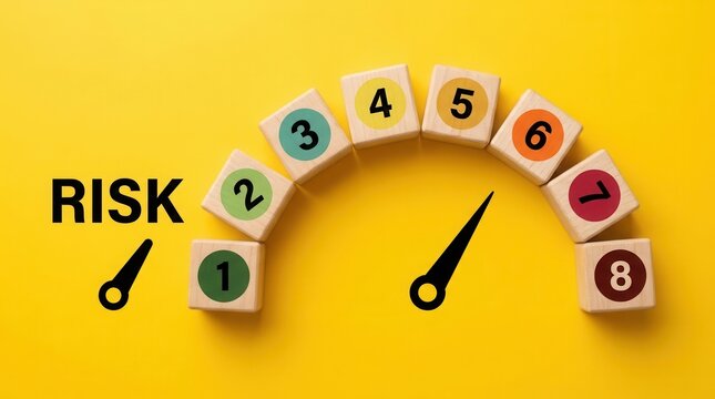 Risk level indicator rating shown on wooden cube blocks from low to high on a yellow background.